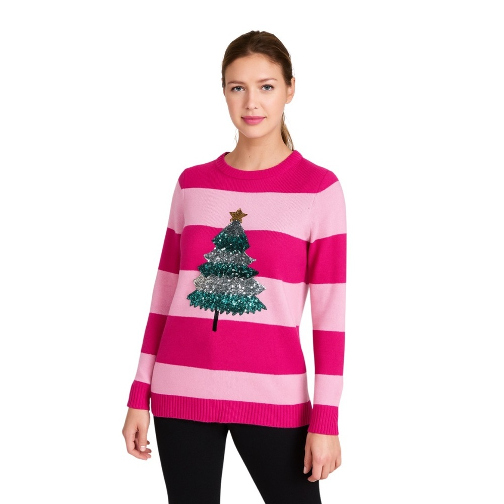 Christmas sweater Festive Pink Striped‎ Sweater with Sequin Tree